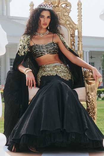 Buy RINESSA Black Silk, Net, Chiffon, Dupion, Embellished Cape And Fishcut Lehenga Set Online at Aza Fashions Buy_RINESSA_Black Silk, Net, Chiffon, Dupion, Embellished Cape And Fishcut Lehenga Set _Online_at_Aza_Fashions