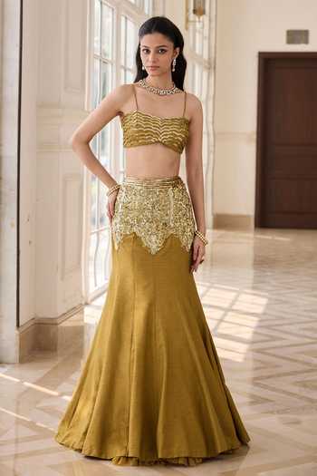 RINESSA_Olive Green Silk, Net, Chiffon, Dupion, Embellished Cape And Fishcut Lehenga Set _Online_at_Aza_Fashions