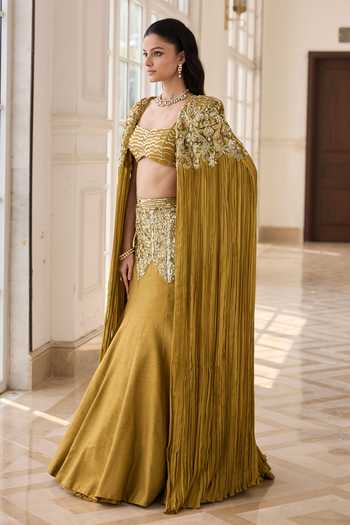 Shop_RINESSA_Olive Green Silk, Net, Chiffon, Dupion, Embellished Cape And Fishcut Lehenga Set _Online_at_Aza_Fashions