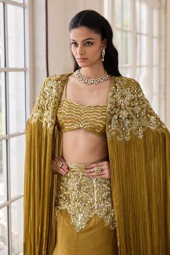 Buy_RINESSA_Olive Green Silk, Net, Chiffon, Dupion, Embellished Cape And Fishcut Lehenga Set 