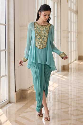 RINESSA Blue Organza, Georgette, Net, Shantoon Embellished Short Kurta With Dhoti Skirt at Aza Fashions RINESSA_Blue Organza, Georgette, Net, Shantoon Embellished Short Kurta With Dhoti Skirt _at_Aza_Fashions