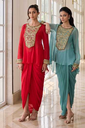 Buy_RINESSA_Red Organza, Georgette, Net, Shantoon Embellished Short Kurta With Dhoti Skirt _Online_at_Aza_Fashions