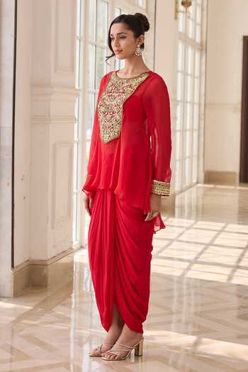 Shop_RINESSA_Red Organza, Georgette, Net, Shantoon Embellished Short Kurta With Dhoti Skirt _Online_at_Aza_Fashions