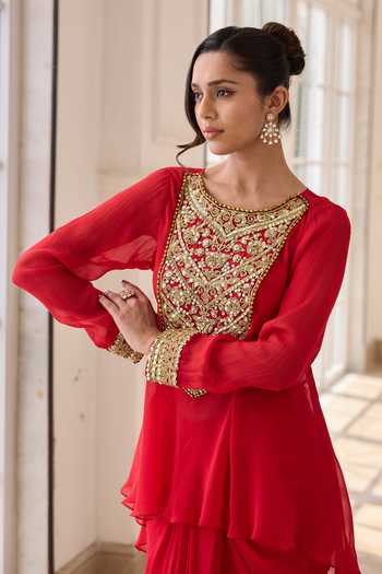RINESSA_Red Organza, Georgette, Net, Shantoon Embellished Short Kurta With Dhoti Skirt _at_Aza_Fashions