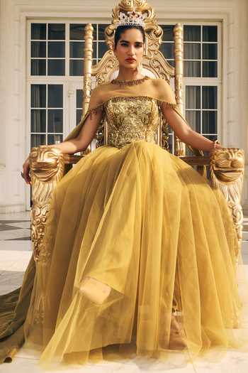 Buy_RINESSA_Olive Green Crepe, Net, Shantoon Hand Embroidered Anarkali And Cape Set 
