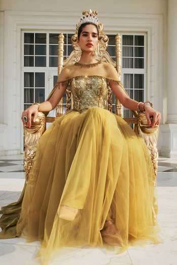 Shop_RINESSA_Olive Green Crepe, Net, Shantoon Hand Embroidered Anarkali And Cape Set 