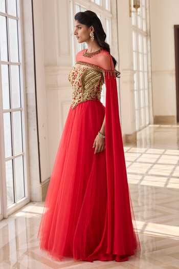 RINESSA Red Crepe, Net, Shantoon Sweetheart Neck, Hand Embroidered Anarkali With Cape Online at Aza Fashions RINESSA_Red Crepe, Net, Shantoon Sweetheart Neck, Hand Embroidered Anarkali With Cape _Online_at_Aza_Fashions