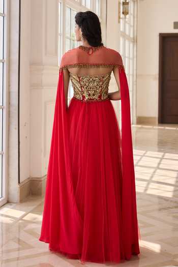 Shop RINESSA Red Crepe, Net, Shantoon Sweetheart Neck, Hand Embroidered Anarkali With Cape at Aza Fashions Shop_RINESSA_Red Crepe, Net, Shantoon Sweetheart Neck, Hand Embroidered Anarkali With Cape _at_Aza_Fashions