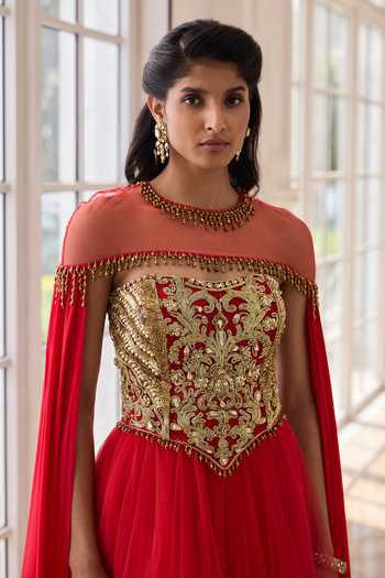 Shop RINESSA Red Crepe, Net, Shantoon Sweetheart Neck, Hand Embroidered Anarkali With Cape Online at Aza Fashions Shop_RINESSA_Red Crepe, Net, Shantoon Sweetheart Neck, Hand Embroidered Anarkali With Cape _Online_at_Aza_Fashions