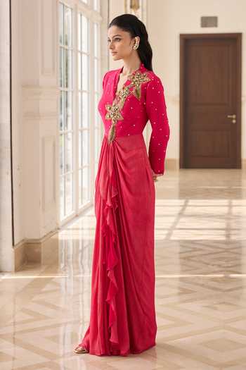 RINESSA Fuchsia Silk, Net, Dupion, Shantoon V-neck Hand Embellished Draped Dress Online at Aza Fashions RINESSA_Fuchsia Silk, Net, Dupion, Shantoon V-neck Hand Embellished Draped Dress _Online_at_Aza_Fashions