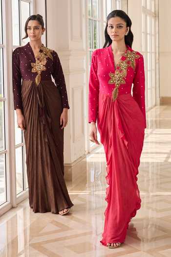 Shop RINESSA Fuchsia Silk, Net, Dupion, Shantoon V-neck Hand Embellished Draped Dress Online at Aza Fashions Shop_RINESSA_Fuchsia Silk, Net, Dupion, Shantoon V-neck Hand Embellished Draped Dress _Online_at_Aza_Fashions