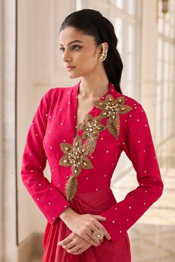 RINESSA Fuchsia Silk, Net, Dupion, Shantoon V-neck Hand Embellished Draped Dress at Aza Fashions RINESSA_Fuchsia Silk, Net, Dupion, Shantoon V-neck Hand Embellished Draped Dress _at_Aza_Fashions