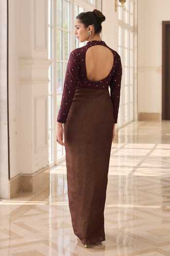 Shop RINESSA Brown Silk, Net, Dupion, Shantoon Asymmetric Neck Hand Embellished Draped Dress at Aza Fashions Shop_RINESSA_Brown Silk, Net, Dupion, Shantoon Asymmetric Neck Hand Embellished Draped Dress _at_Aza_Fashions