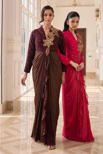 Shop RINESSA Brown Silk, Net, Dupion, Shantoon Asymmetric Neck Hand Embellished Draped Dress Online at Aza Fashions Shop_RINESSA_Brown Silk, Net, Dupion, Shantoon Asymmetric Neck Hand Embellished Draped Dress _Online_at_Aza_Fashions