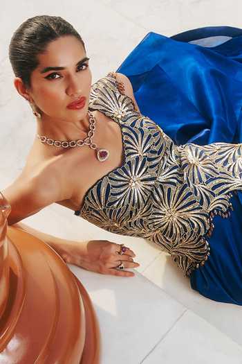 RINESSA Blue Organza, Net, Shantoon One Shoulder Hand Embellished Cocktail Dress Online at Aza Fashions RINESSA_Blue Organza, Net, Shantoon One Shoulder Hand Embellished Cocktail Dress _Online_at_Aza_Fashions