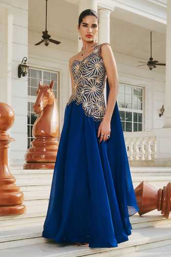 Buy RINESSA Blue Organza, Net, Shantoon One Shoulder Hand Embellished Cocktail Dress at Aza Fashions Buy_RINESSA_Blue Organza, Net, Shantoon One Shoulder Hand Embellished Cocktail Dress _at_Aza_Fashions