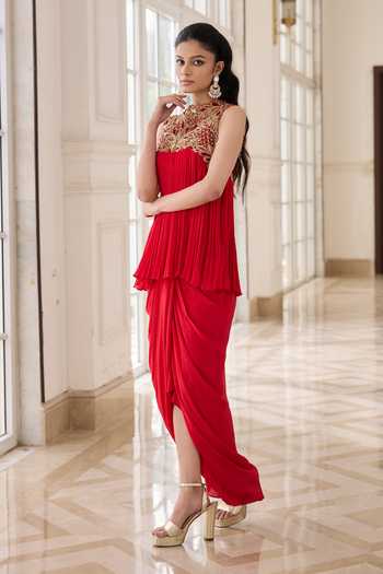 Shop_RINESSA_Red Crepe, Net, Chiffon, Chinon, Shantoon Hand Embellished Top With Dhoti Skirt _Online_at_Aza_Fashions