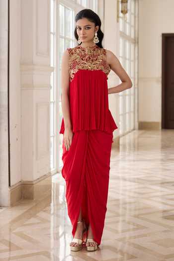 RINESSA_Red Crepe, Net, Chiffon, Chinon, Shantoon Hand Embellished Top With Dhoti Skirt _at_Aza_Fashions