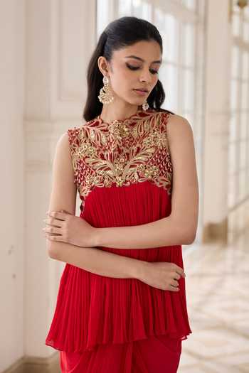 Buy_RINESSA_Red Crepe, Net, Chiffon, Chinon, Shantoon Hand Embellished Top With Dhoti Skirt 