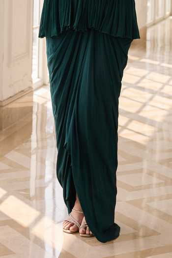 RINESSA_Emerald Green Crepe, Chinon, Chiffon, Net, Hand Embellished Top With Dhoti Skirt _Online_at_Aza_Fashions