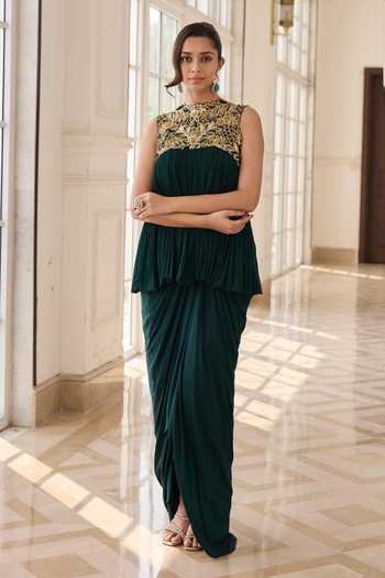 Buy_RINESSA_Emerald Green Crepe, Chinon, Chiffon, Net, Hand Embellished Top With Dhoti Skirt _Online_at_Aza_Fashions
