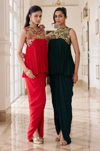 Shop_RINESSA_Emerald Green Crepe, Chinon, Chiffon, Net, Hand Embellished Top With Dhoti Skirt _Online_at_Aza_Fashions