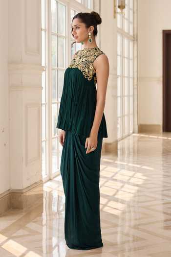 RINESSA_Emerald Green Crepe, Chinon, Chiffon, Net, Hand Embellished Top With Dhoti Skirt _at_Aza_Fashions