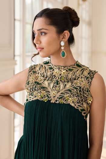 Buy_RINESSA_Emerald Green Crepe, Chinon, Chiffon, Net, Hand Embellished Top With Dhoti Skirt 