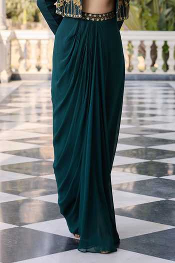 RINESSA Emerald Green Silk, Georgette, Shantoon Open Hand Embroidered Jacket Skirt Set Online at Aza Fashions RINESSA_Emerald Green Silk, Georgette, Shantoon Open Hand Embroidered Jacket Skirt Set _Online_at_Aza_Fashions