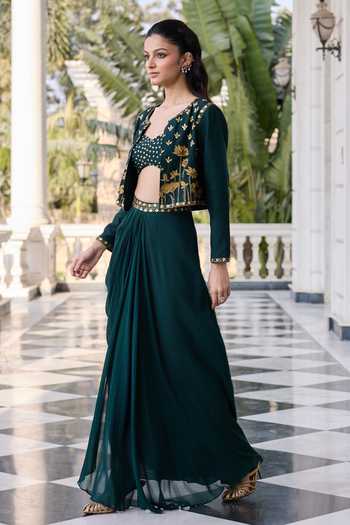 Buy RINESSA Emerald Green Silk, Georgette, Shantoon Open Hand Embroidered Jacket Skirt Set Online at Aza Fashions Buy_RINESSA_Emerald Green Silk, Georgette, Shantoon Open Hand Embroidered Jacket Skirt Set _Online_at_Aza_Fashions