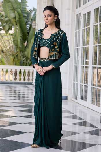 Shop RINESSA Emerald Green Silk, Georgette, Shantoon Open Hand Embroidered Jacket Skirt Set Online at Aza Fashions Shop_RINESSA_Emerald Green Silk, Georgette, Shantoon Open Hand Embroidered Jacket Skirt Set _Online_at_Aza_Fashions