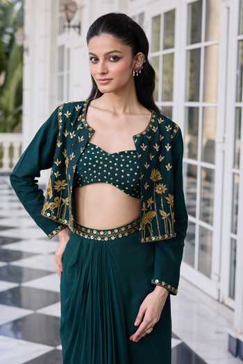RINESSA Emerald Green Silk, Georgette, Shantoon Open Hand Embroidered Jacket Skirt Set at Aza Fashions RINESSA_Emerald Green Silk, Georgette, Shantoon Open Hand Embroidered Jacket Skirt Set _at_Aza_Fashions