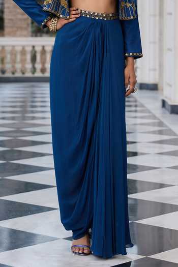 RINESSA Blue Silk, Georgette, Shantoon Open Neck, Embroidered Jacket Skirt Set Online at Aza Fashions RINESSA_Blue Silk, Georgette, Shantoon Open Neck, Embroidered Jacket Skirt Set _Online_at_Aza_Fashions