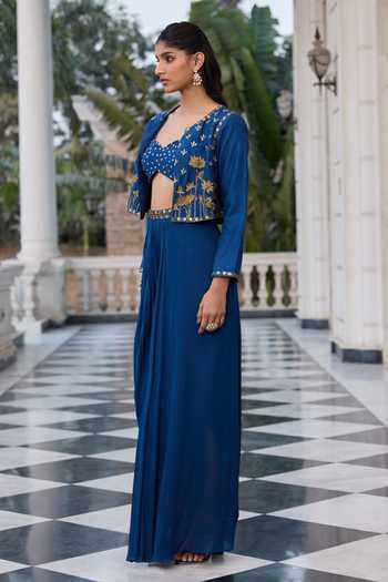 Buy RINESSA Blue Silk, Georgette, Shantoon Open Neck, Embroidered Jacket Skirt Set Online at Aza Fashions Buy_RINESSA_Blue Silk, Georgette, Shantoon Open Neck, Embroidered Jacket Skirt Set _Online_at_Aza_Fashions