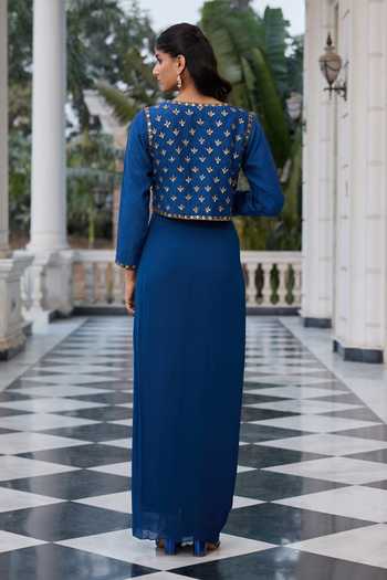 Shop RINESSA Blue Silk, Georgette, Shantoon Open Neck, Embroidered Jacket Skirt Set at Aza Fashions Shop_RINESSA_Blue Silk, Georgette, Shantoon Open Neck, Embroidered Jacket Skirt Set _at_Aza_Fashions