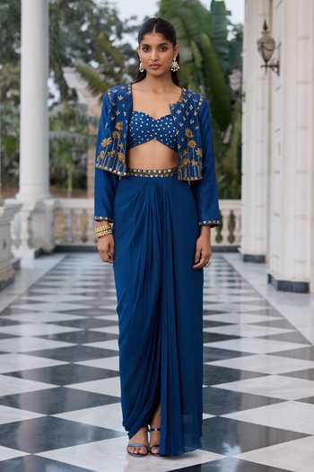 Shop RINESSA Blue Silk, Georgette, Shantoon Open Neck, Embroidered Jacket Skirt Set Online at Aza Fashions Shop_RINESSA_Blue Silk, Georgette, Shantoon Open Neck, Embroidered Jacket Skirt Set _Online_at_Aza_Fashions
