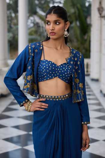 RINESSA Blue Silk, Georgette, Shantoon Open Neck, Embroidered Jacket Skirt Set at Aza Fashions RINESSA_Blue Silk, Georgette, Shantoon Open Neck, Embroidered Jacket Skirt Set _at_Aza_Fashions