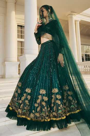 RINESSA Emerald Green Dupion, Net, Satin, Shantoon V-neck Hand Embroidered Lehenga Set Online at Aza Fashions RINESSA_Emerald Green Dupion, Net, Satin, Shantoon V-neck Hand Embroidered Lehenga Set _Online_at_Aza_Fashions
