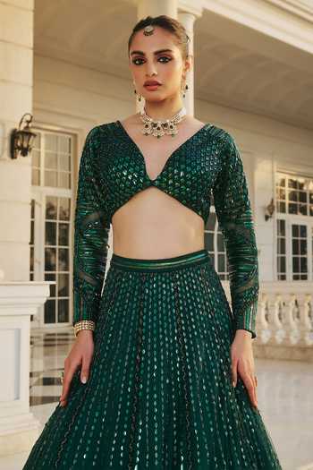 RINESSA Emerald Green Dupion, Net, Satin, Shantoon V-neck Hand Embroidered Lehenga Set at Aza Fashions RINESSA_Emerald Green Dupion, Net, Satin, Shantoon V-neck Hand Embroidered Lehenga Set _at_Aza_Fashions