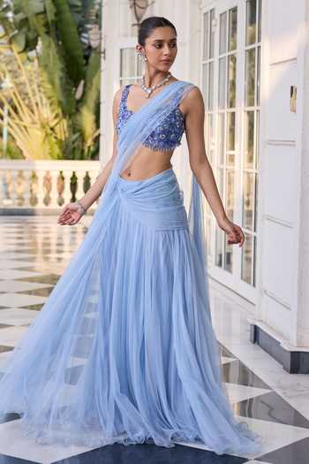 Buy RINESSA Sky Blue Net, Shantoon V-neck Embroidered Blouse With Draped Saree Online at Aza Fashions Buy_RINESSA_Sky Blue Net, Shantoon V-neck Embroidered Blouse With Draped Saree _Online_at_Aza_Fashions
