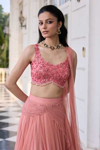 RINESSA_Peach Net, Shantoon Scoop Neck Embroidered Blouse With Draped Saree _Online_at_Aza_Fashions