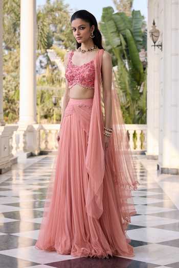 Buy_RINESSA_Peach Net, Shantoon Scoop Neck Embroidered Blouse With Draped Saree _Online_at_Aza_Fashions