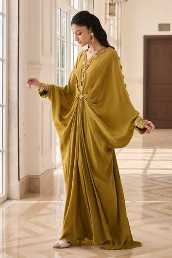 RINESSA_Olive Green Crepe, Net, Shantoon V-neck Hand Embellished Kaftan _Online_at_Aza_Fashions