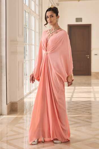 RINESSA_Peach Crepe, Net, Shantoon Round Neck Hand Embellished Kaftan _Online_at_Aza_Fashions