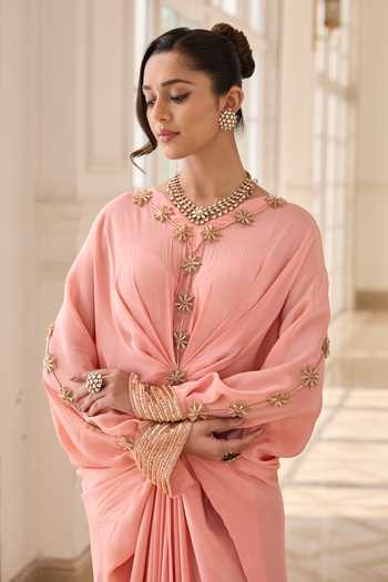 Buy_RINESSA_Peach Crepe, Net, Shantoon Round Neck Hand Embellished Kaftan _Online_at_Aza_Fashions