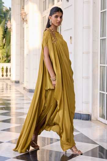RINESSA_Olive Green Crepe Round Neck Draped Skirt And Top Set _Online_at_Aza_Fashions