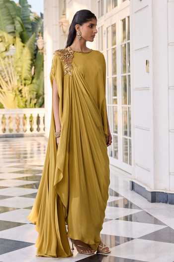 Buy_RINESSA_Olive Green Crepe Round Neck Draped Skirt And Top Set _Online_at_Aza_Fashions
