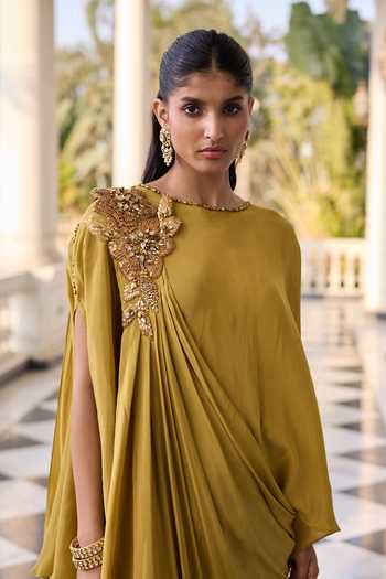 Shop_RINESSA_Olive Green Crepe Round Neck Draped Skirt And Top Set _Online_at_Aza_Fashions