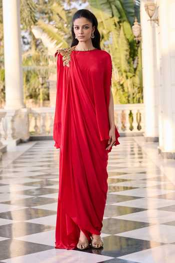 RINESSA_Red Crepe Round Neck Draped Skirt And Top Set _Online_at_Aza_Fashions