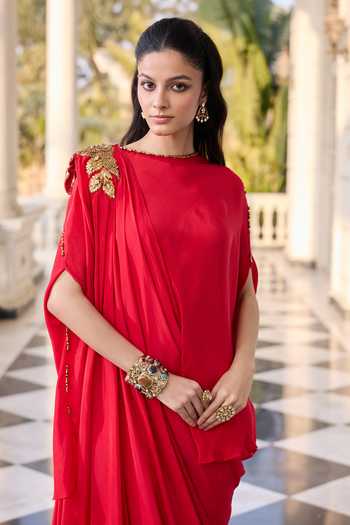 Buy_RINESSA_Red Crepe Round Neck Draped Skirt And Top Set _Online_at_Aza_Fashions